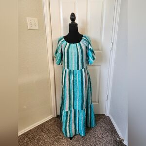 Greece Boutique Striped Teal Blue and White Ruffle Maxi Dress 1